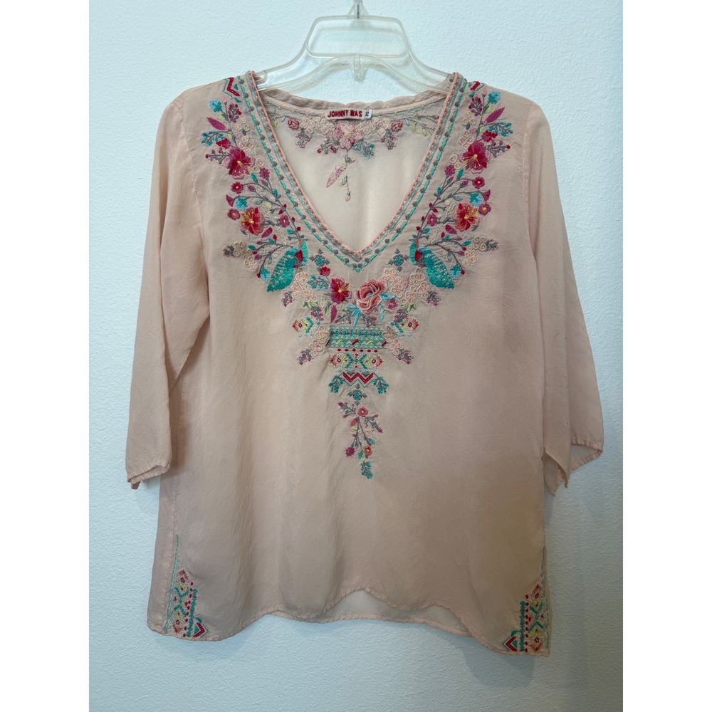 Johnny Was Peach Embroidered Peacock Floral V-Neck Blouse Petite Small PS C66712